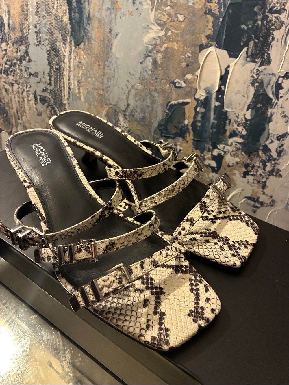 Genuine MK Women's Snake-Print Strappy Kitten Heel Sandals - Black & Cream 8M